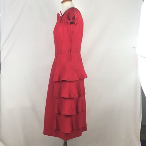 Vintage Handmade Red Pinup Tiered Ruffled Party Dress Beaded Accents Sz Medium - Picture 2 of 6